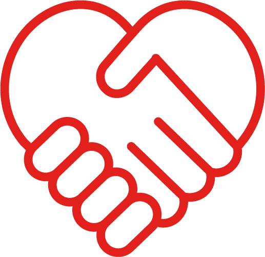 A red outline of two hands shaking, forming the shape of a heart, symbolizes unity and connection, ideal for careers focused on collaboration.