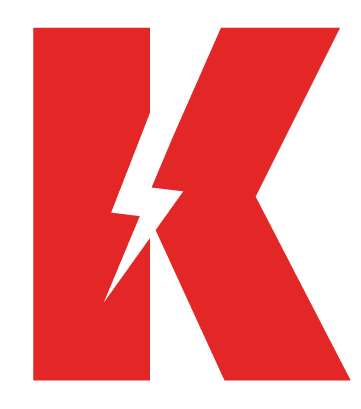 A red letter "K" with a lightning bolt design in the middle.