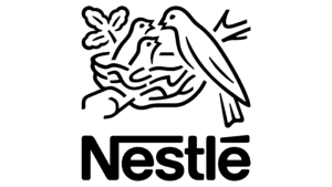 The Nestlé logo features a bird feeding its chicks in a nest, with the Nestlé name below it, symbolizing the company's dedication to nurturing both quality products and facility services.