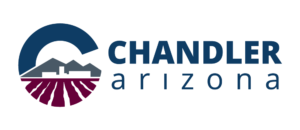 Logo of Chandler, Arizona, featuring a stylized design of a blue arch, gray and purple landscape elements, and the text "CHANDLER arizona," embodying the city's vibrant community and facility services.